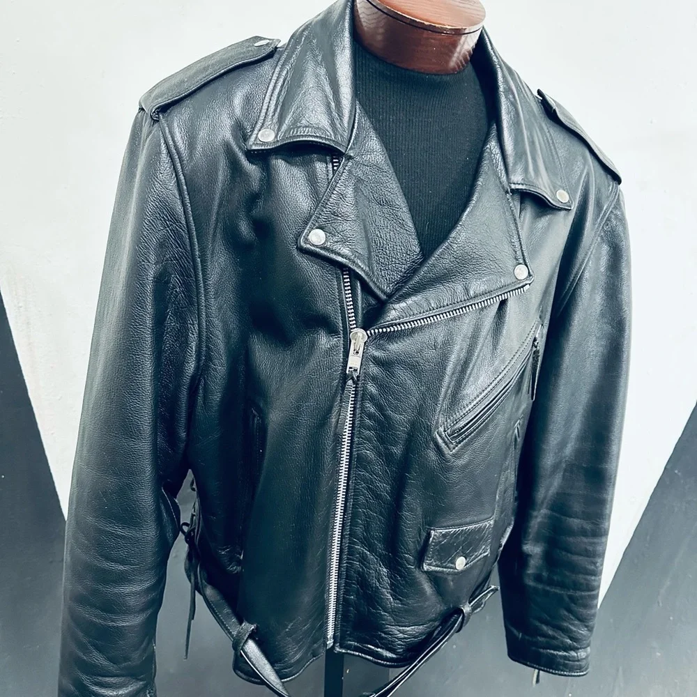 FMC Vintage Classic Black Leather Motorcycle Jacket w/ large Eagle Patcb